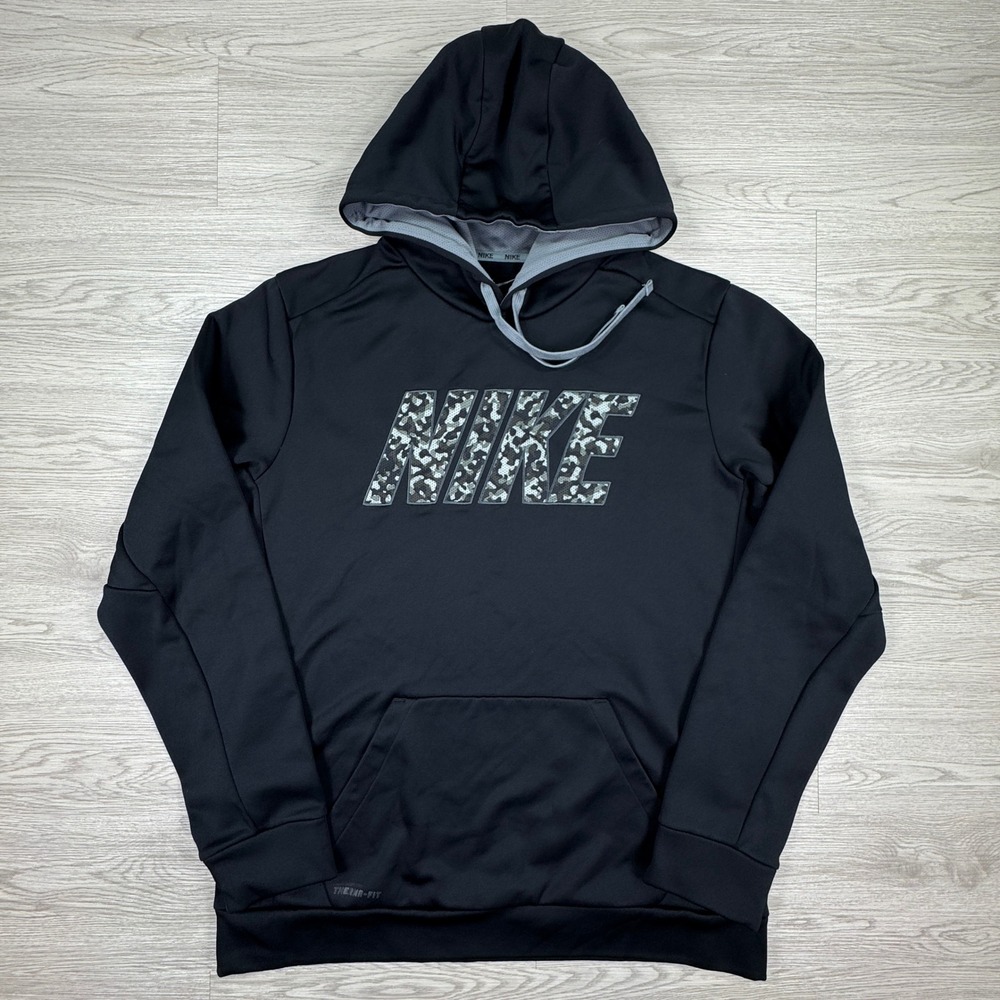 Nike Men's Hoodie Therma-FIT Pullover Black‎ Large Camo Logo Fleece Sweatshirt